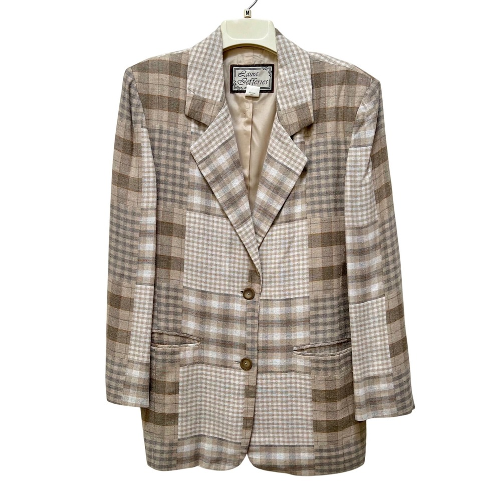 Laura Jefferies Vintage Patchwork Plaid Blazer Tan Women M Academia Retro 90s